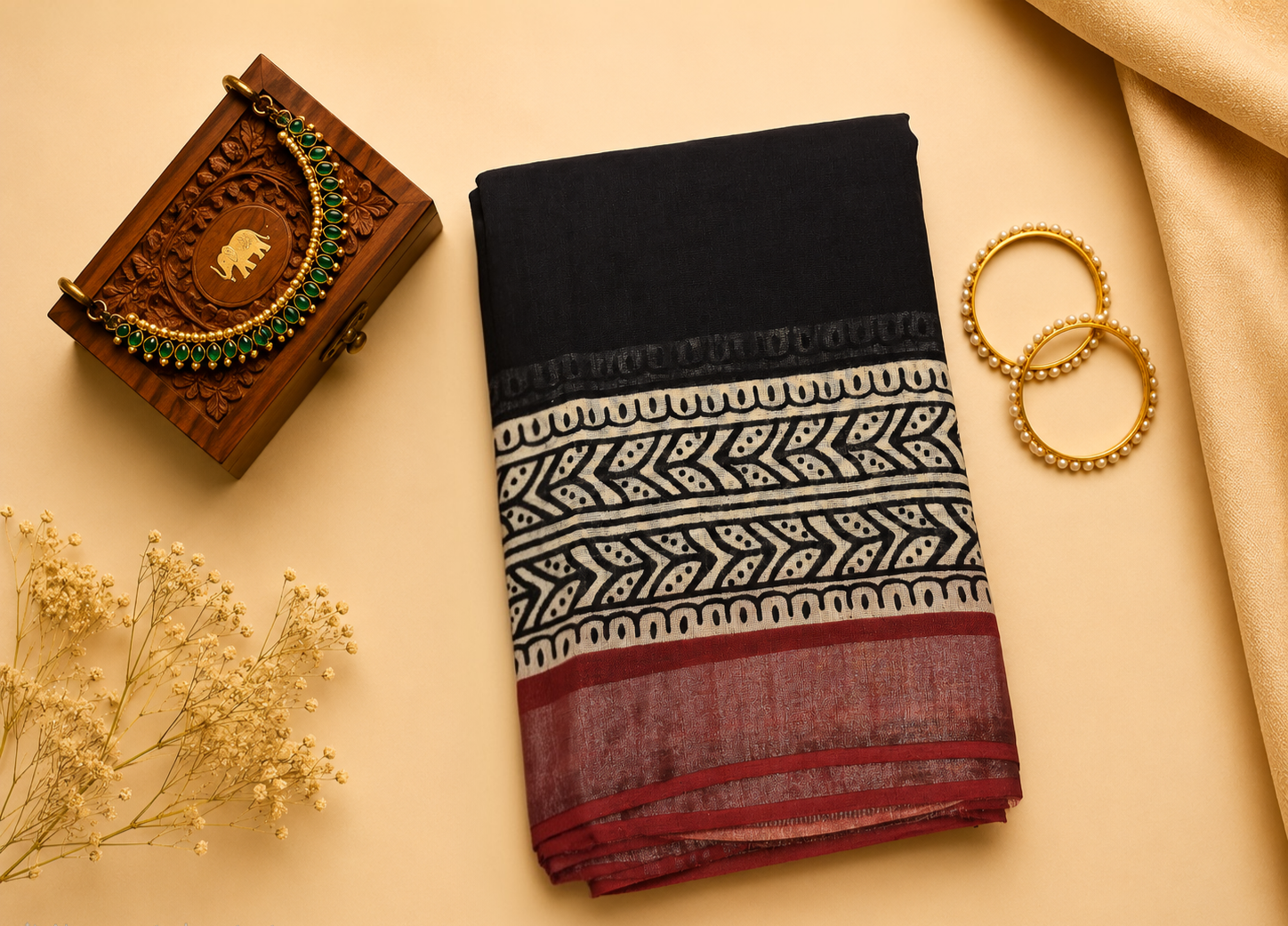 Linen Handblock Saree (Jaipur Saree)
