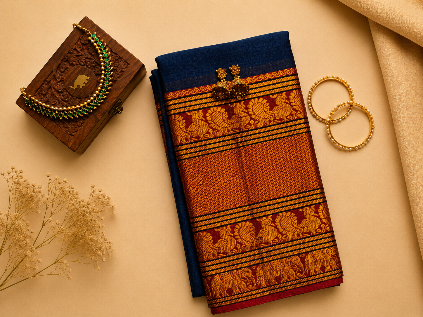Narayanpeth Elephant Peacock Boarder Saree