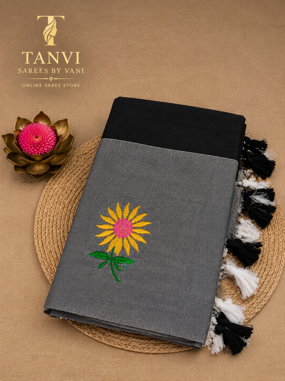 Sunflower Embroidery khadhi saree